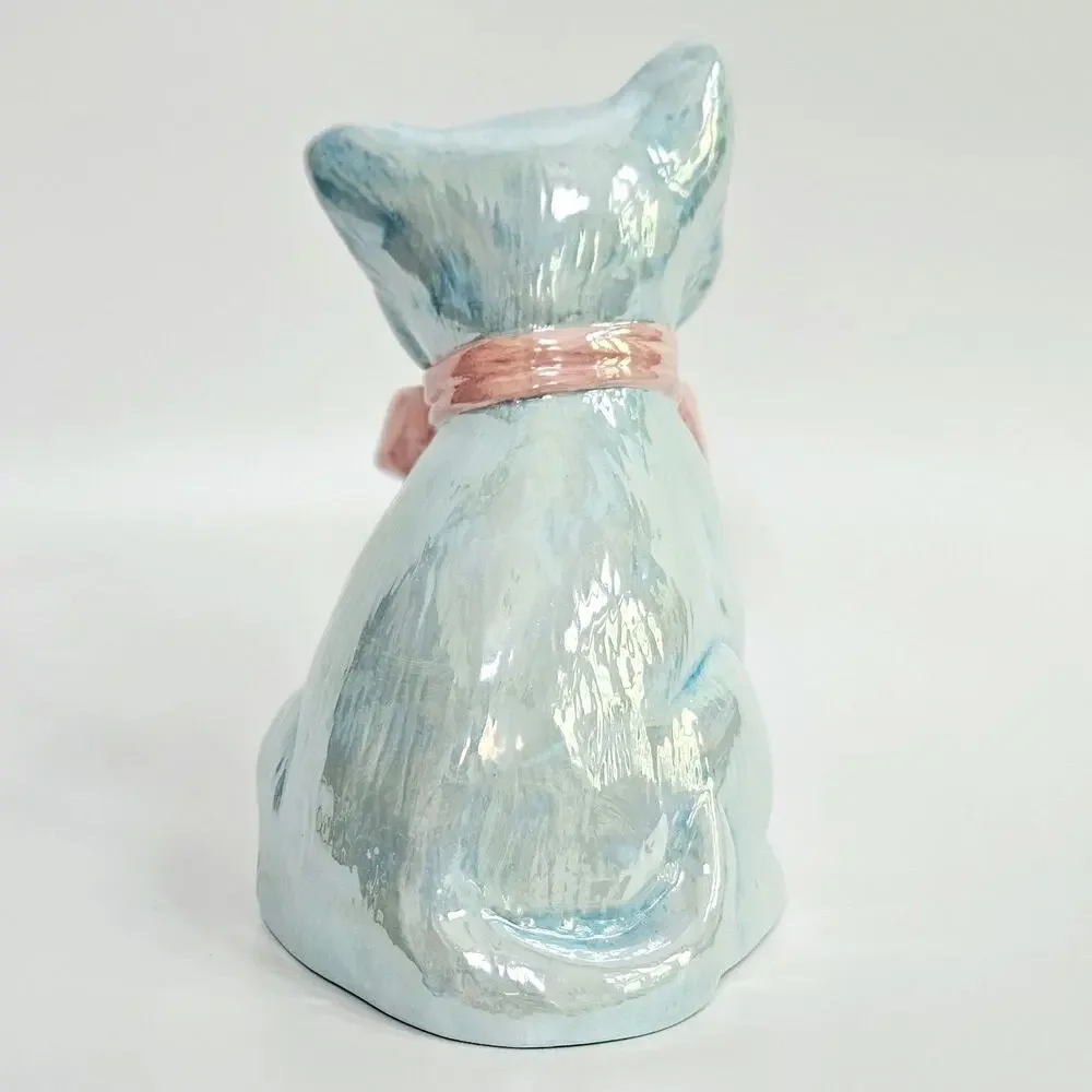 Vintage Iridescent Blue Ceramic Cat Figurine Pink Bow | Whimsical Mid-Century